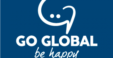 Go Global Be Happy logo, modified smiley face with text