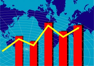 Graph with world map. It shows an upward slope and increasing bars