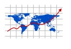 A red upward sloping arrow in front of a world map